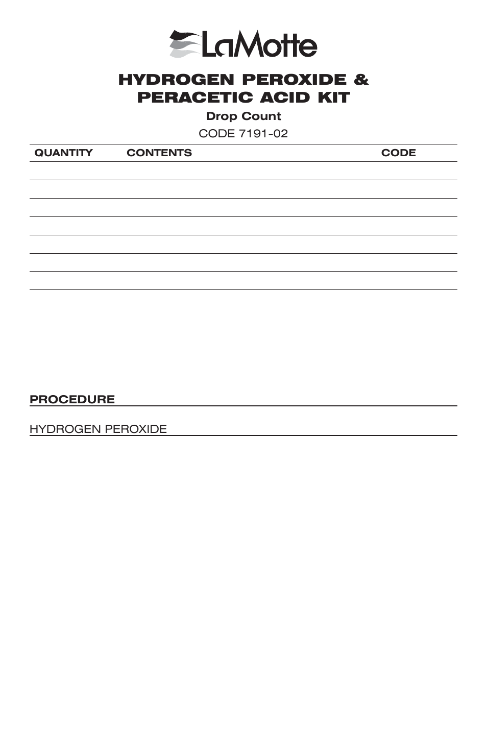 LaMotte HYDROGEN PEROXIDE & PERACETIC ACID KIT Drop Count User Manual | 2 pages