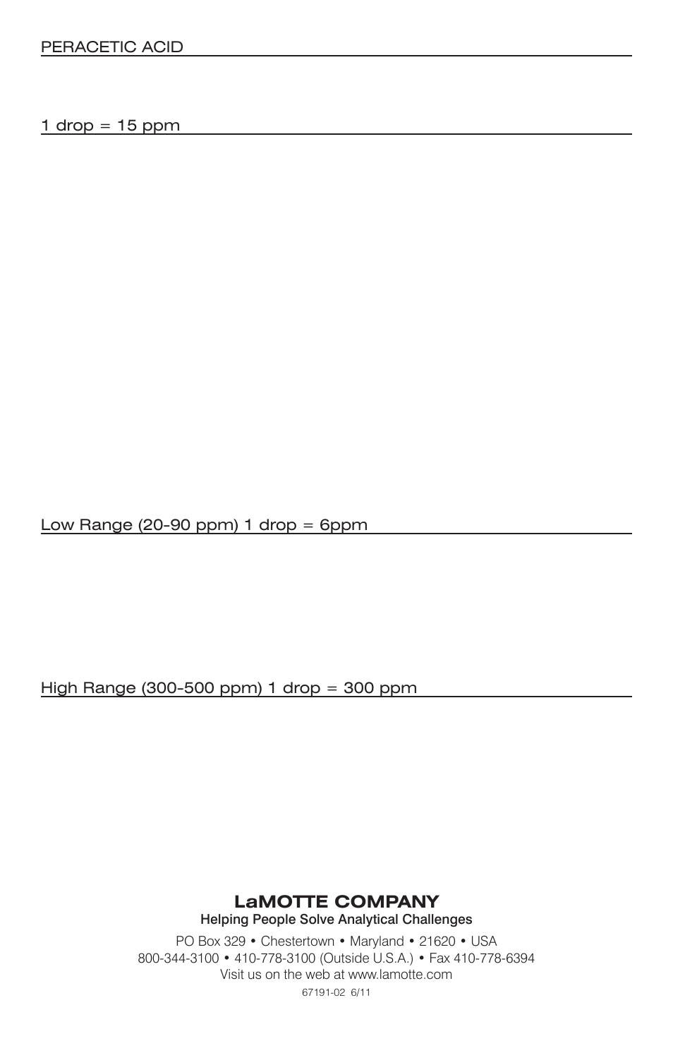 LaMotte HYDROGEN PEROXIDE & PERACETIC ACID KIT Drop Count User Manual | Page 2 / 2