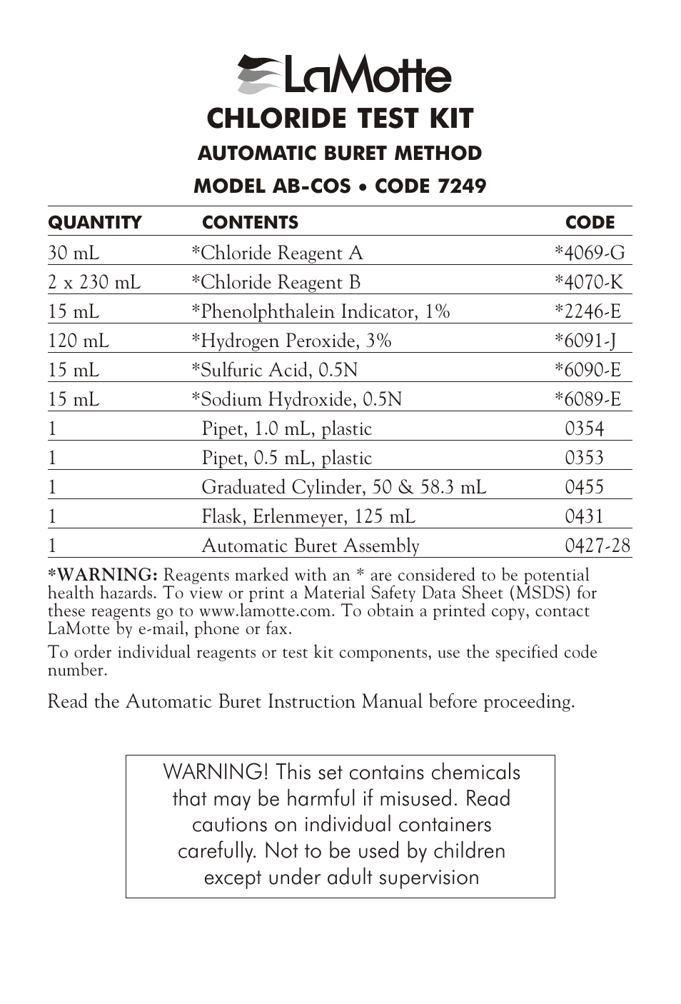 LaMotte CHLORIDE TEST KIT AB-COS User Manual | 2 pages