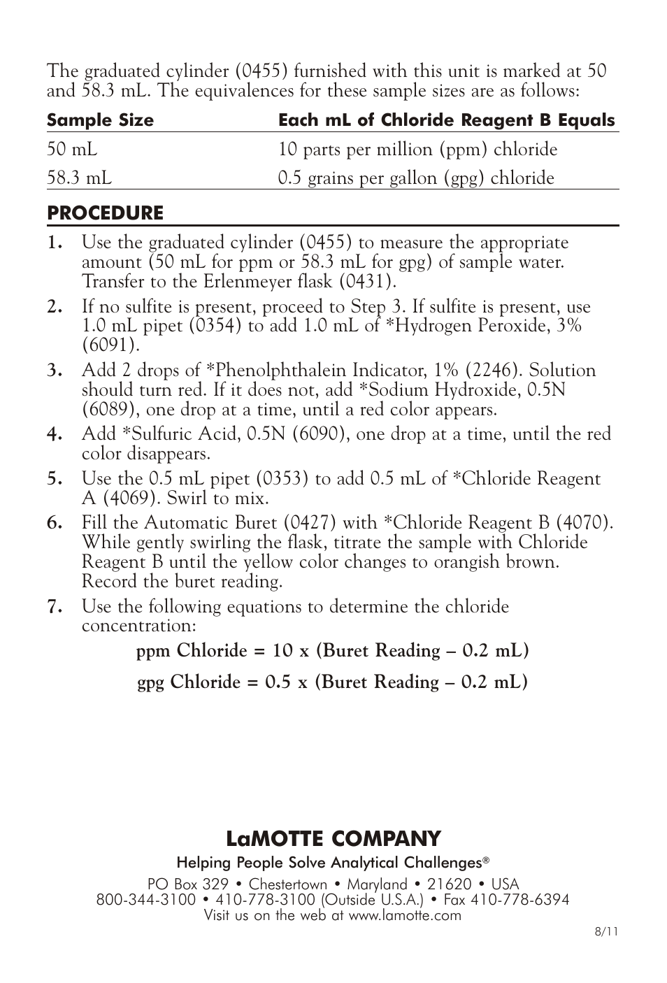 Lamotte com pany | LaMotte CHLORIDE TEST KIT AB-COS User Manual | Page 2 / 2