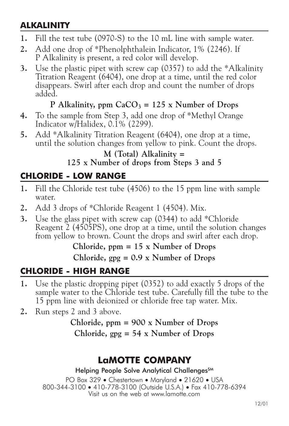 Lamotte com pany | LaMotte ALKALINITY & CHLORIDE TEST KIT 7304 User Manual | Page 2 / 4