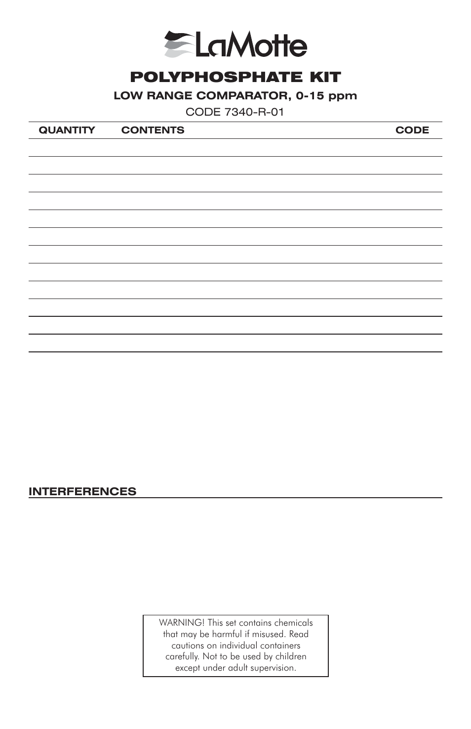 LaMotte POLYPHOSPHATE KIT LOW RANGE COMPARATOR, 0-15 ppm User Manual | 4 pages