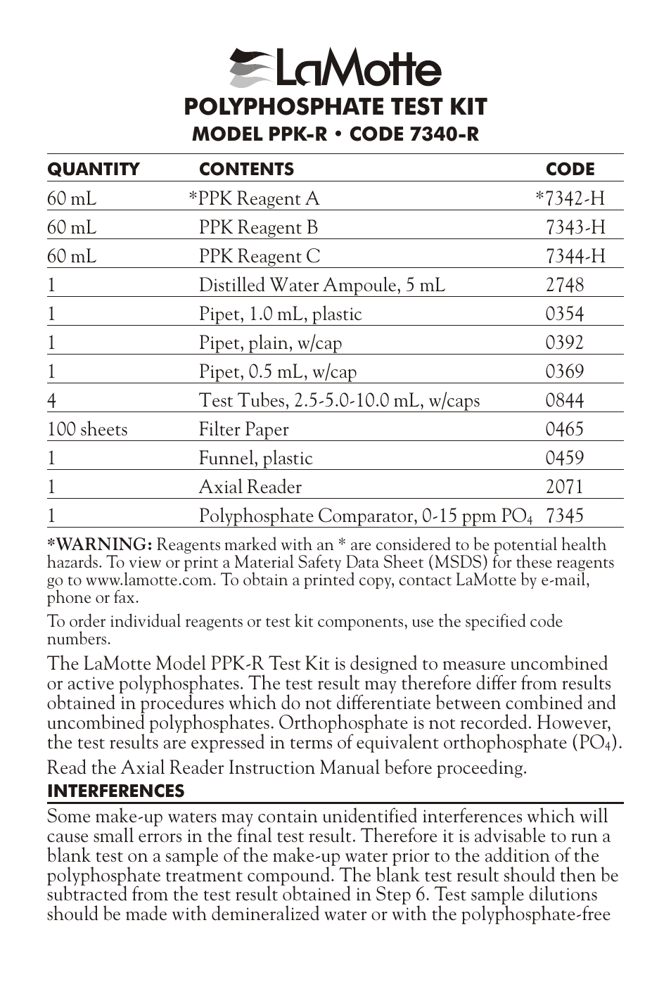 LaMotte POLYPHOSPHATE TEST KIT PPK-R User Manual | 2 pages