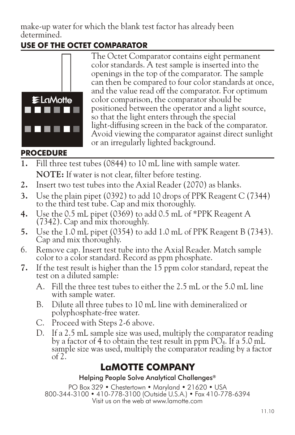 L mott, Lamotte com pany | LaMotte POLYPHOSPHATE TEST KIT PPK-R User Manual | Page 2 / 2