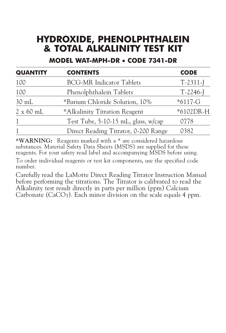 LaMotte HYDROXIDE, PHENOLPHTHALEIN & TOTAL ALKALINITY TEST KIT WAT-MPH-DR User Manual | 4 pages
