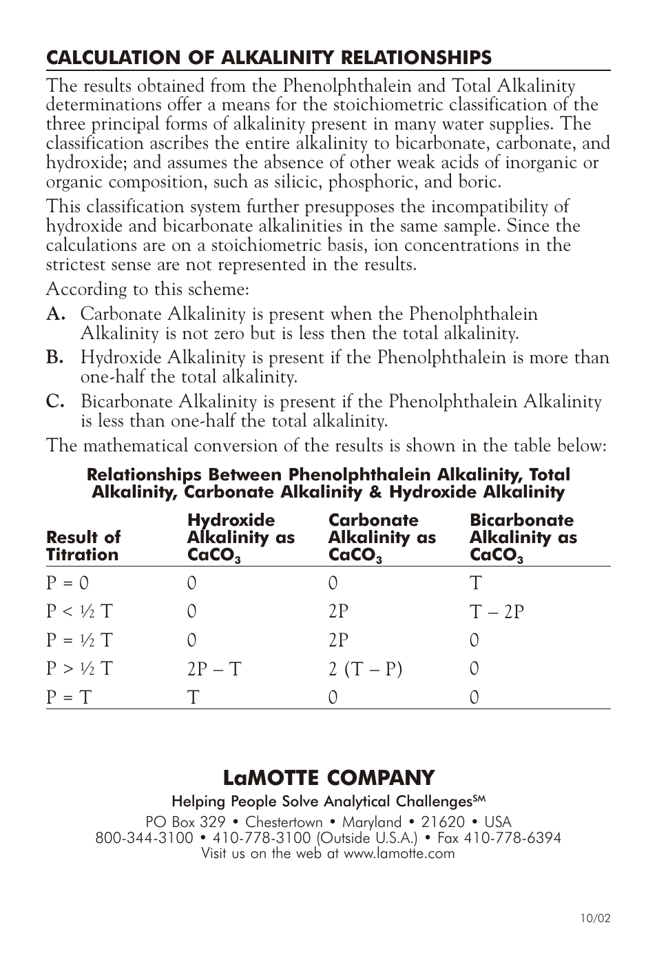 Lamotte com pany | LaMotte HYDROXIDE, PHENOLPHTHALEIN & TOTAL ALKALINITY TEST KIT WAT-MPH-DR User Manual | Page 4 / 4