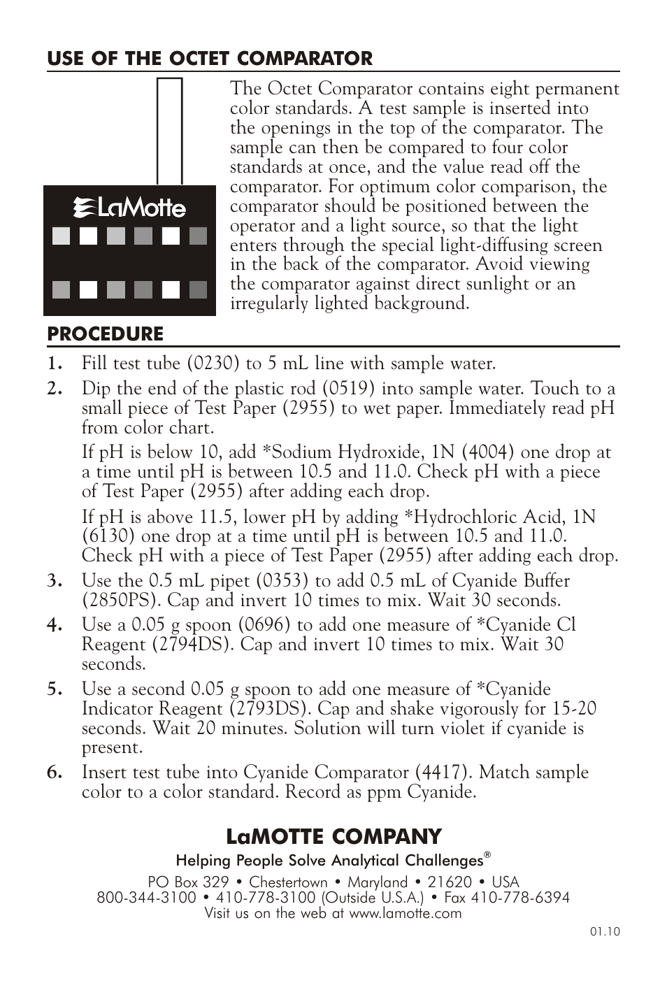 L mott, Lamotte com pany | LaMotte CYANIDE IN WATER TEST KIT User Manual | Page 2 / 2