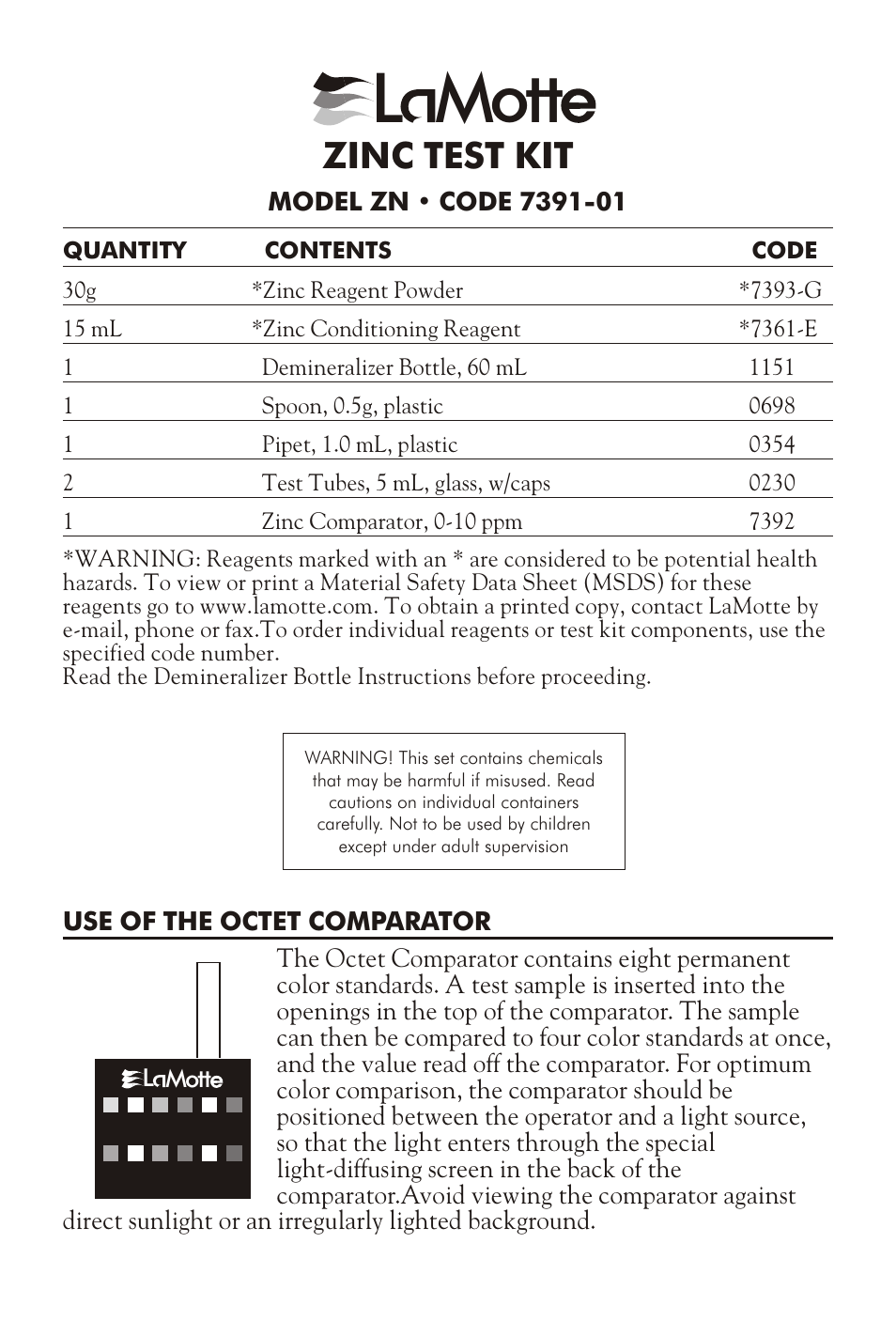 LaMotte ZINC TEST KIT ZN User Manual | 2 pages