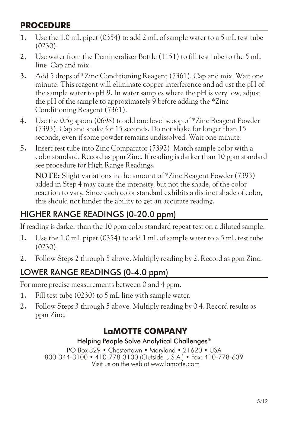LaMotte ZINC TEST KIT ZN User Manual | Page 2 / 2