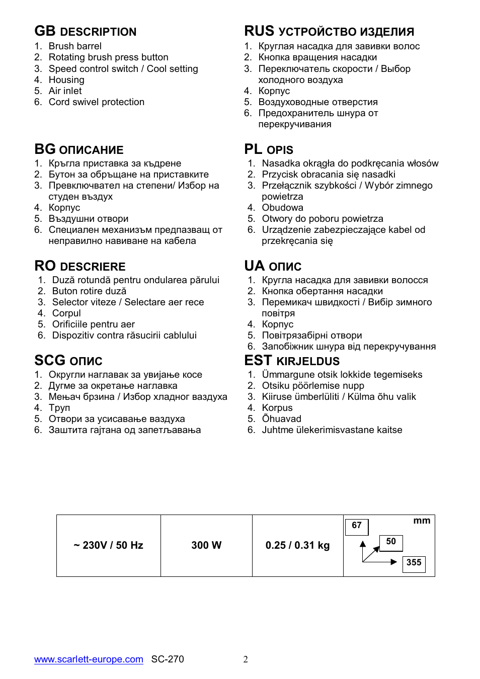 Bg pl, Scg est | Scarlett SC-270 User Manual | Page 2 / 17