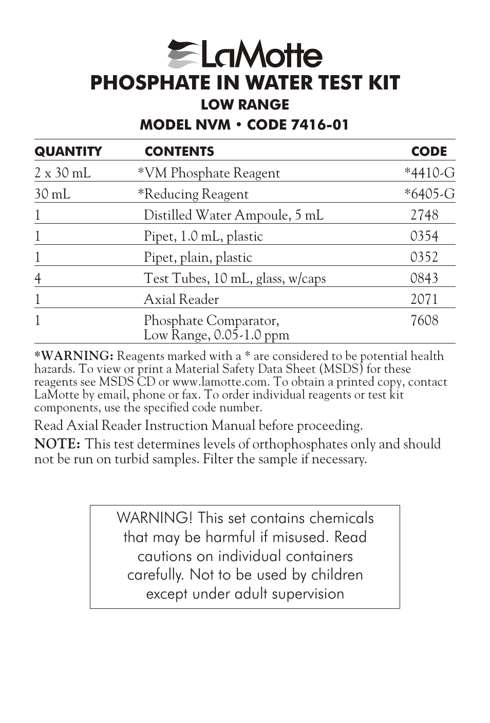 LaMotte PHOSPHATE IN WATER TEST KIT NVM User Manual | 2 pages