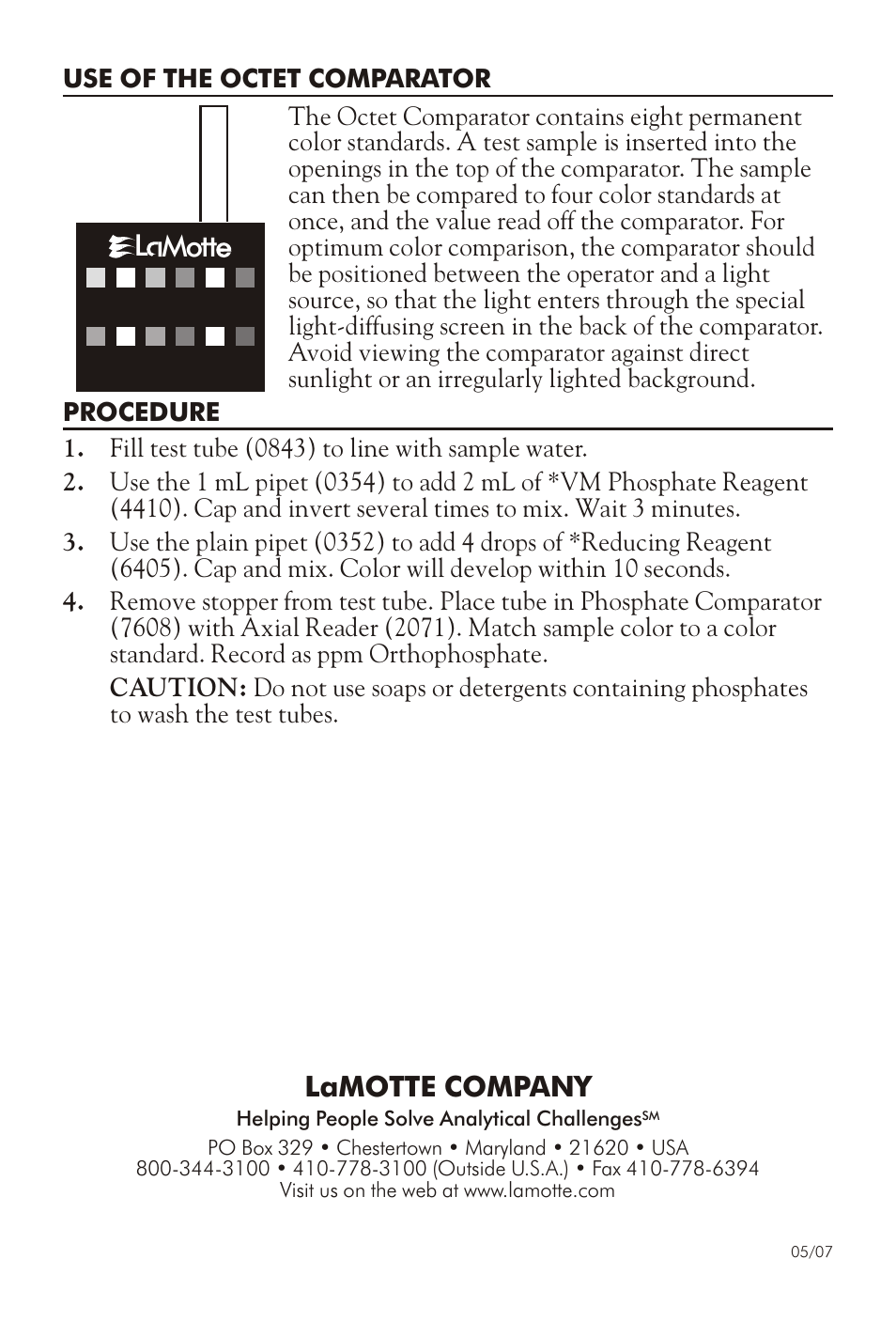 L mott, Lamotte com pany | LaMotte PHOSPHATE IN WATER TEST KIT NVM User Manual | Page 2 / 2