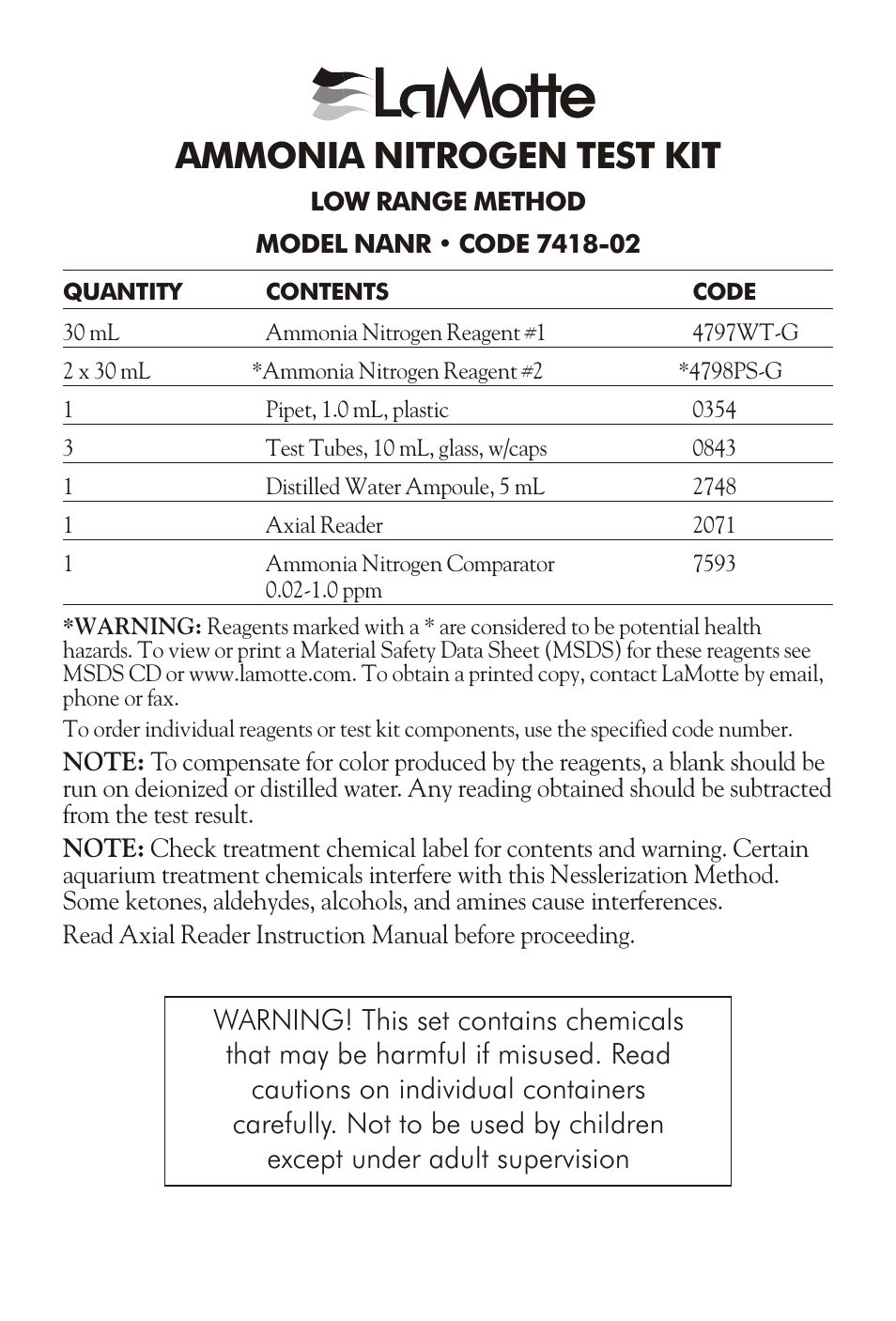 LaMotte AMMONIA NITROGEN TEST KIT NANR User Manual | 4 pages