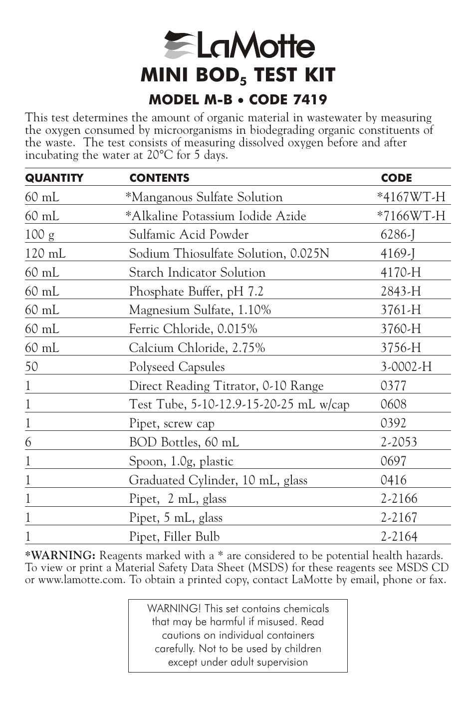 LaMotte MINI BOD5 TEST KIT M-B User Manual | 4 pages