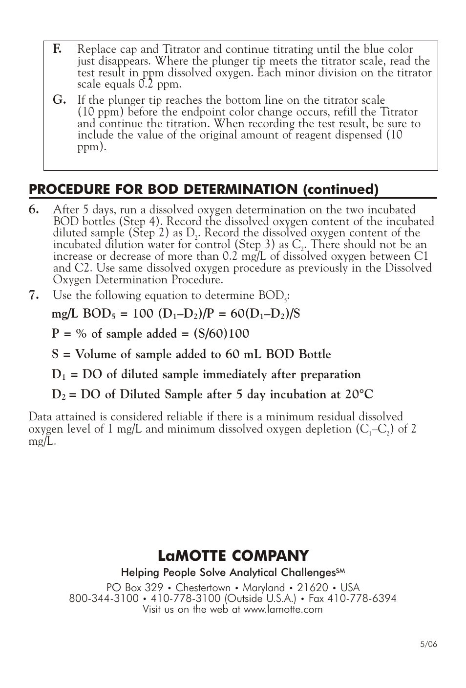 Lamotte com pany, Mg/l bod, 100 (d | P = 60(d | LaMotte MINI BOD5 TEST KIT M-B User Manual | Page 4 / 4