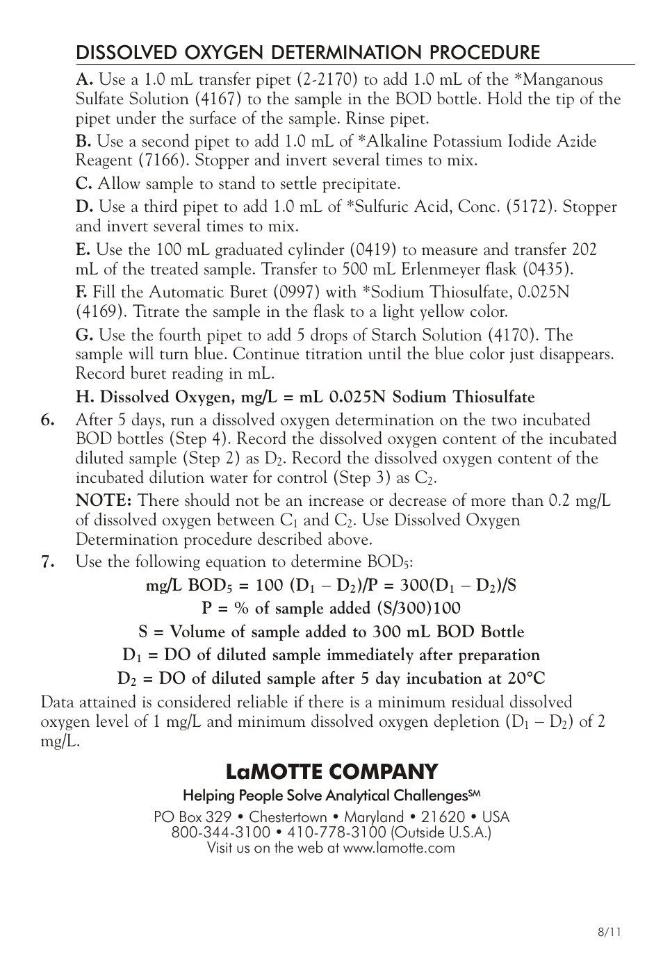 Lamotte com pany, Dissolved oxygen determination procedure | LaMotte BOD5 TEST KIT BOD User Manual | Page 4 / 4