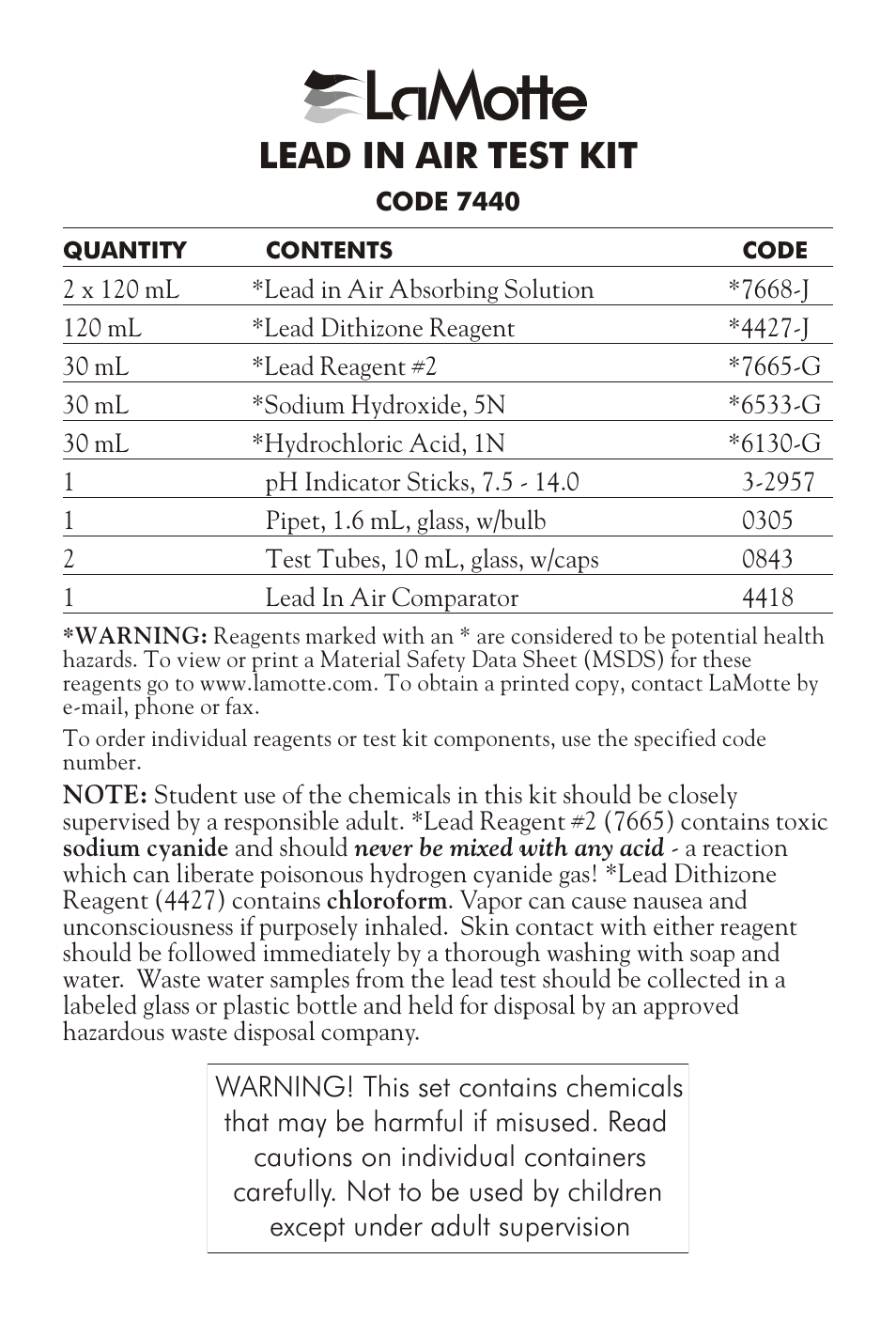 LaMotte LEAD IN AIR TEST KIT User Manual | 10 pages