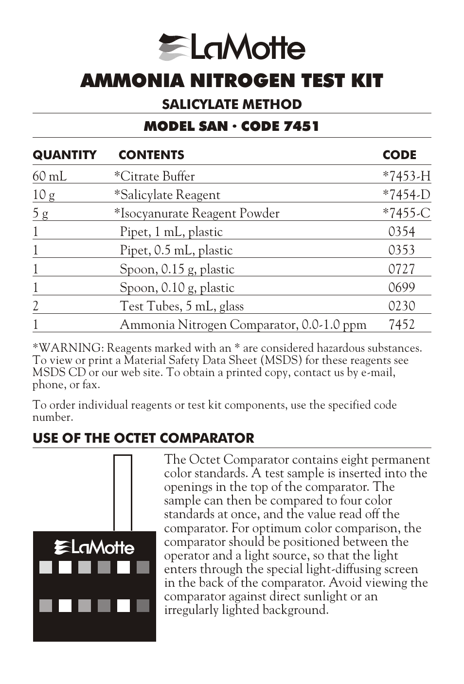 LaMotte AMMONIA NITROGEN TEST KIT SAN User Manual | 4 pages