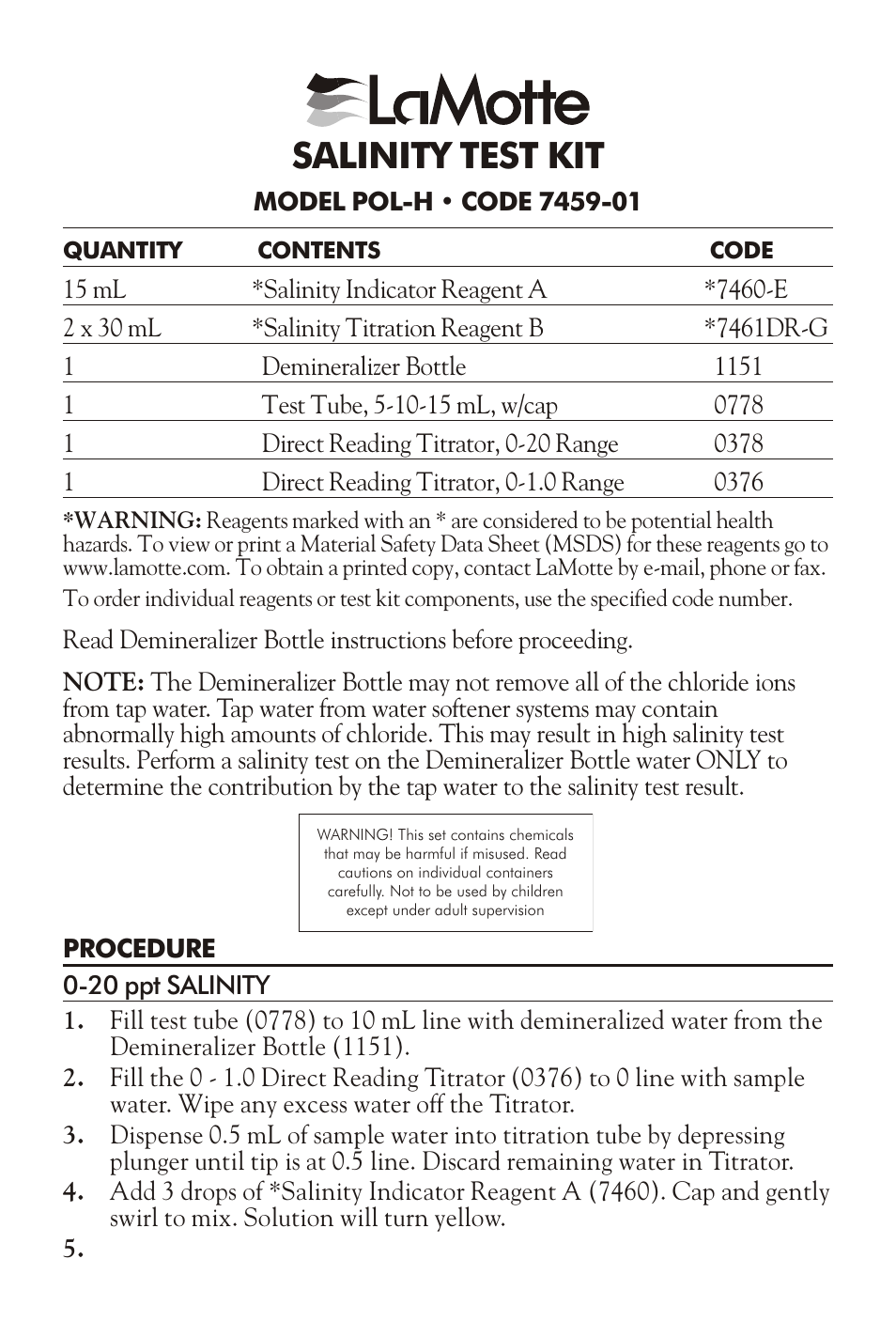 LaMotte SALINITY TEST KIT POL-H User Manual | 3 pages