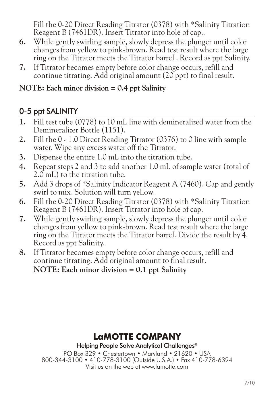 Lamotte com pany | LaMotte SALINITY TEST KIT POL-H User Manual | Page 2 / 3