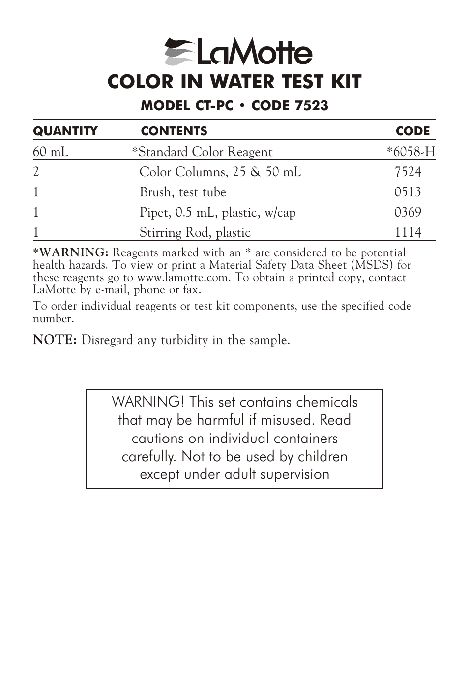 LaMotte COLOR IN WATER TEST KIT CT-PC User Manual | 4 pages