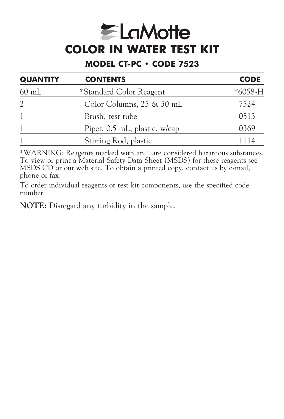 L mott, Color in wa ter test kit | LaMotte COLOR IN WATER TEST KIT CT-PC User Manual | Page 3 / 4