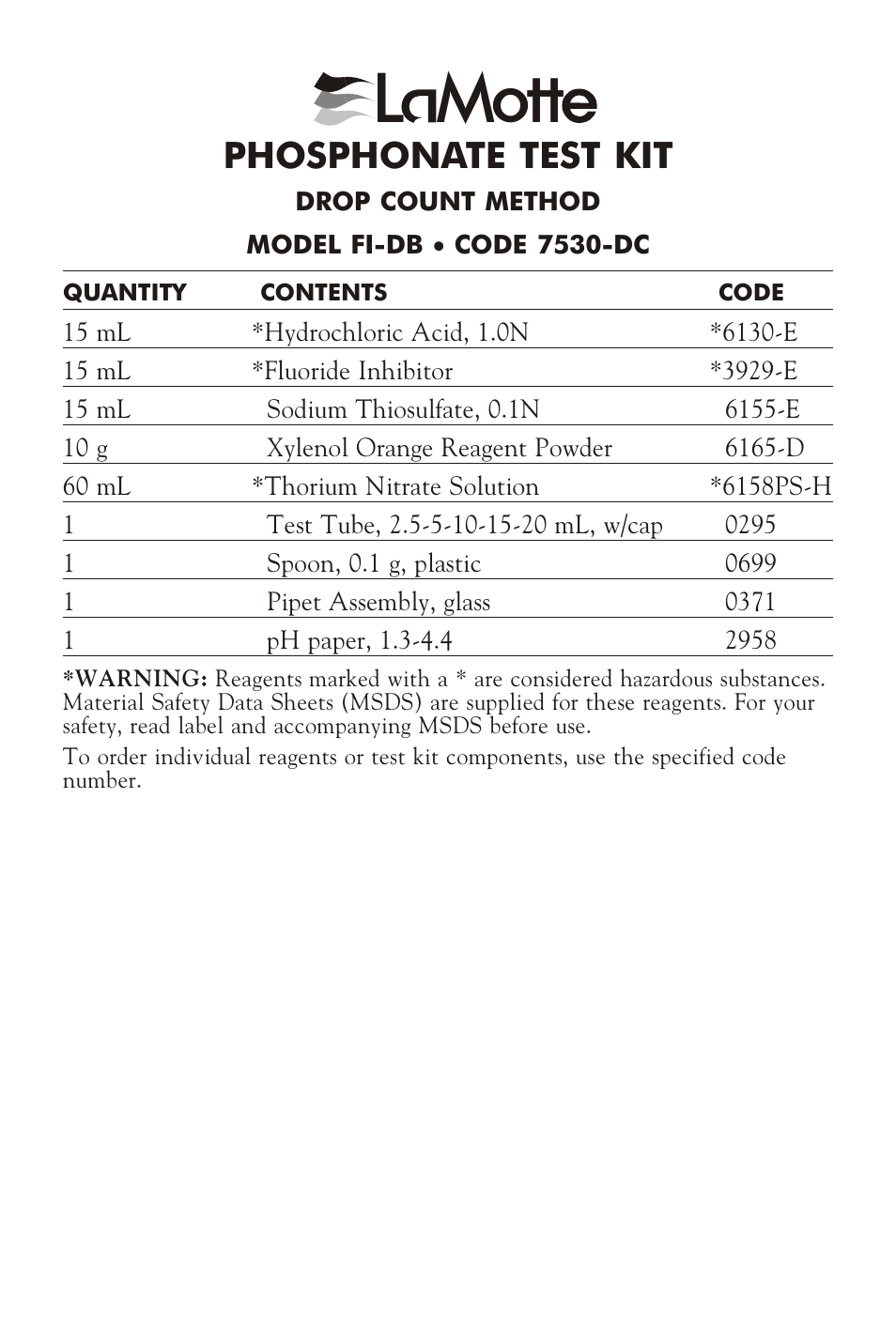 LaMotte PHOSPHONATE TEST KIT FI-DB User Manual | 4 pages