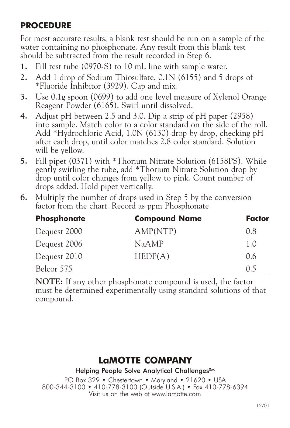 Lamotte com pany | LaMotte PHOSPHONATE TEST KIT FI-DB User Manual | Page 2 / 4