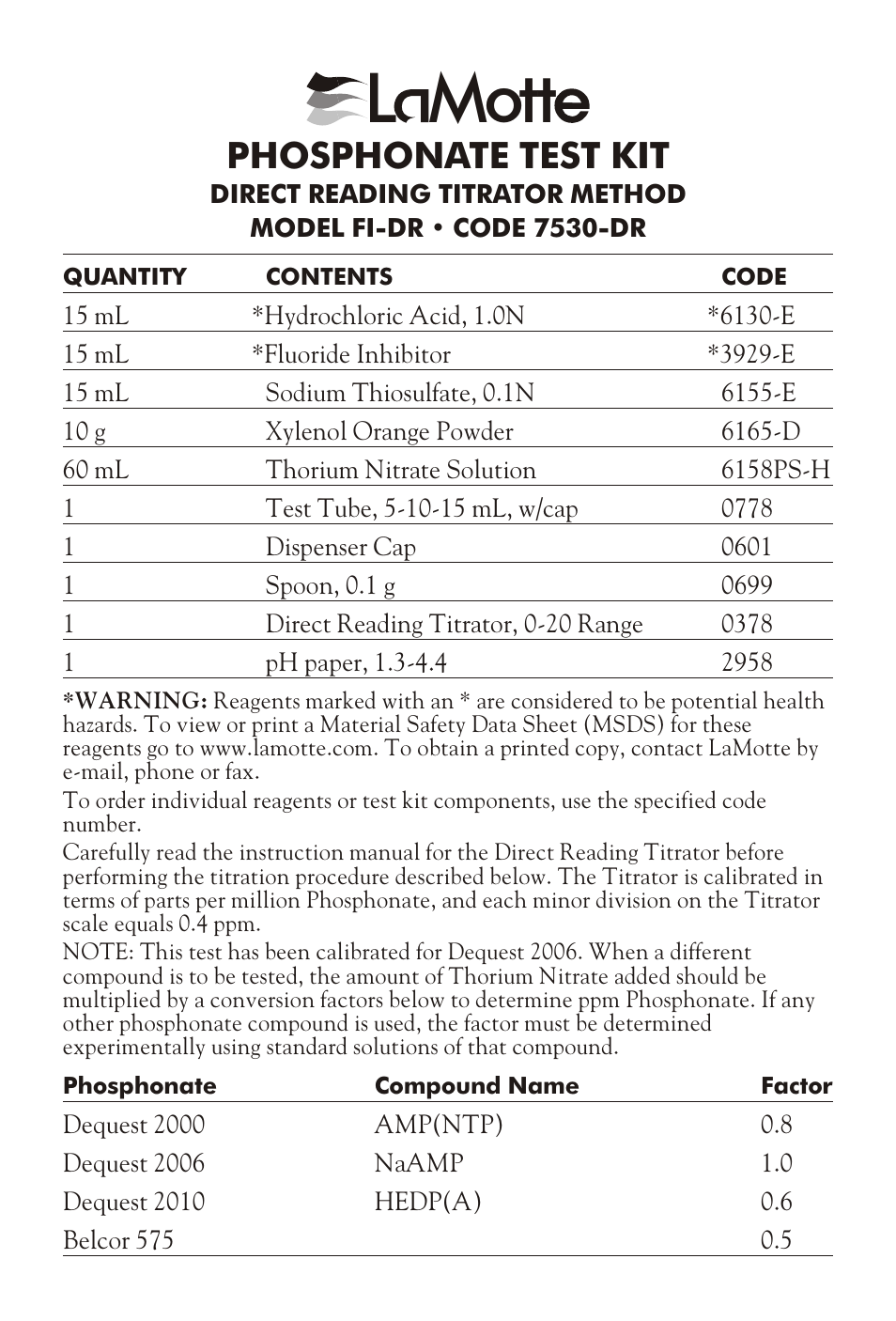 LaMotte PHOSPHONATE TEST KIT FI-DR User Manual | 2 pages