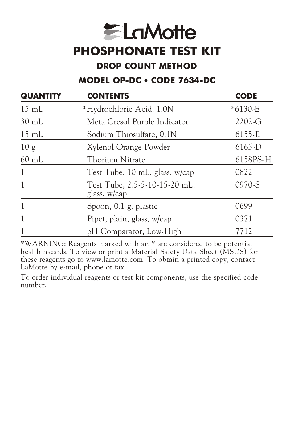 LaMotte PHOSPHONATE TEST KIT OP-DC User Manual | 4 pages