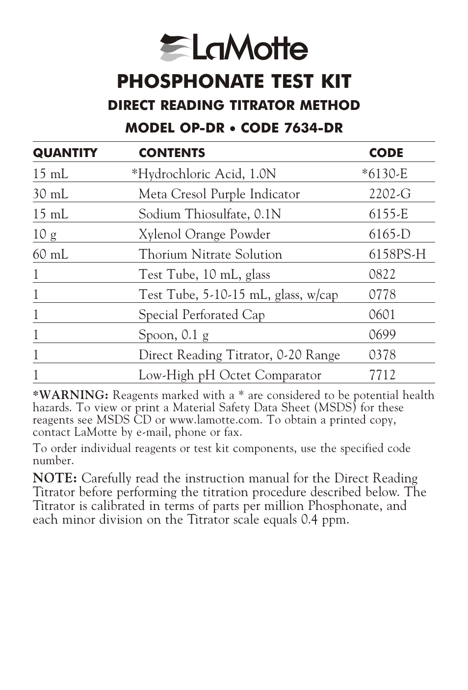 LaMotte PHOSPHONATE TEST KIT OP-DR User Manual | 4 pages