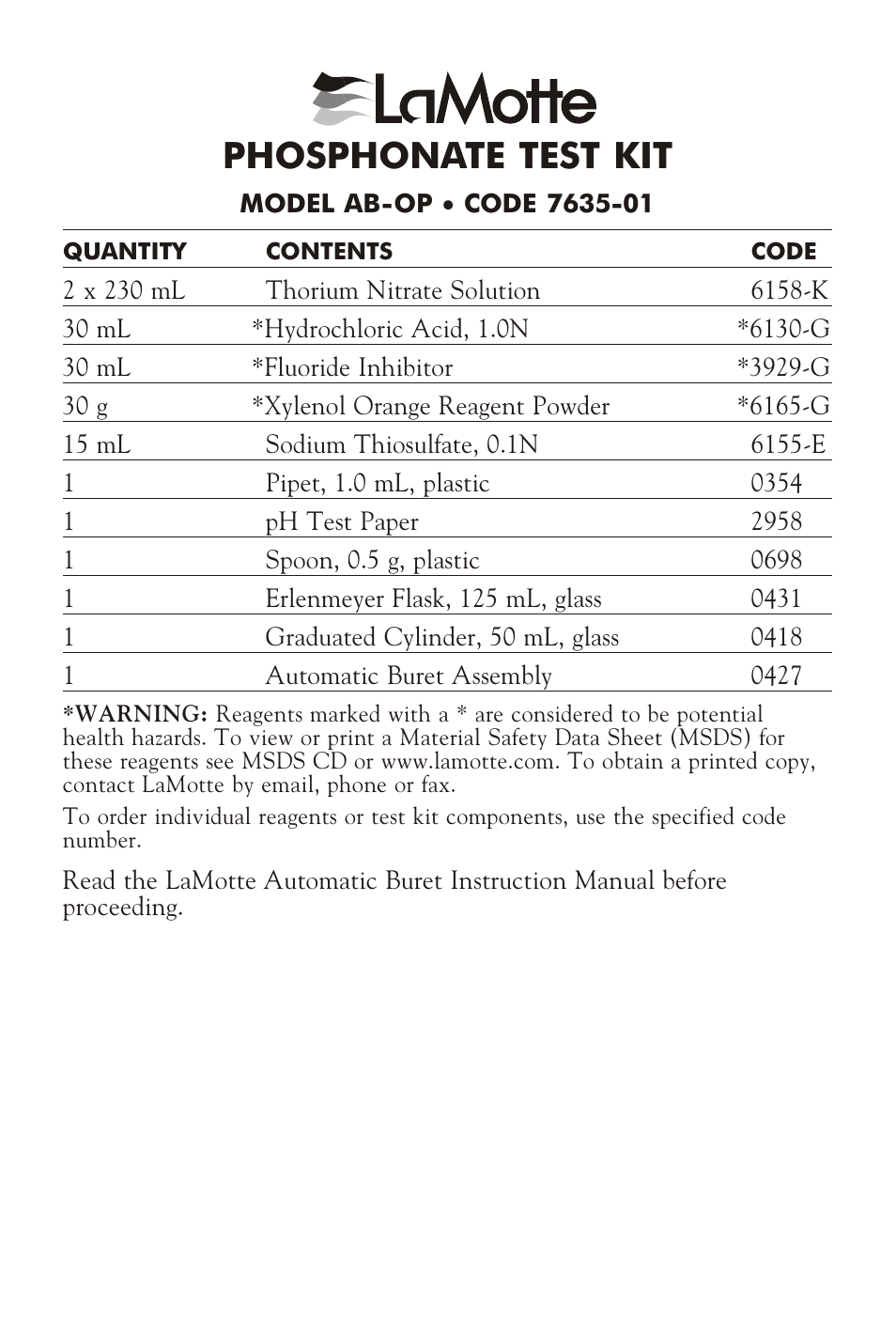 LaMotte PHOSPHONATE TEST KIT AB-OP User Manual | 2 pages