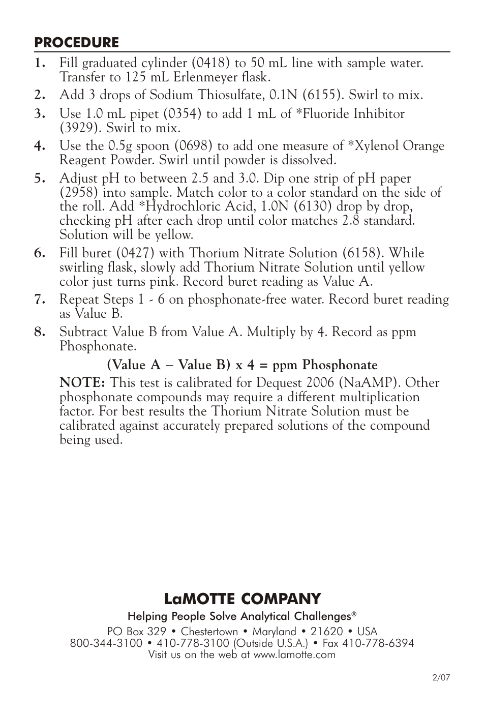 Lamotte com pany | LaMotte PHOSPHONATE TEST KIT AB-OP User Manual | Page 2 / 2