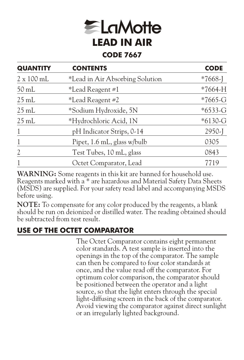LaMotte LEAD IN AIR User Manual | 4 pages