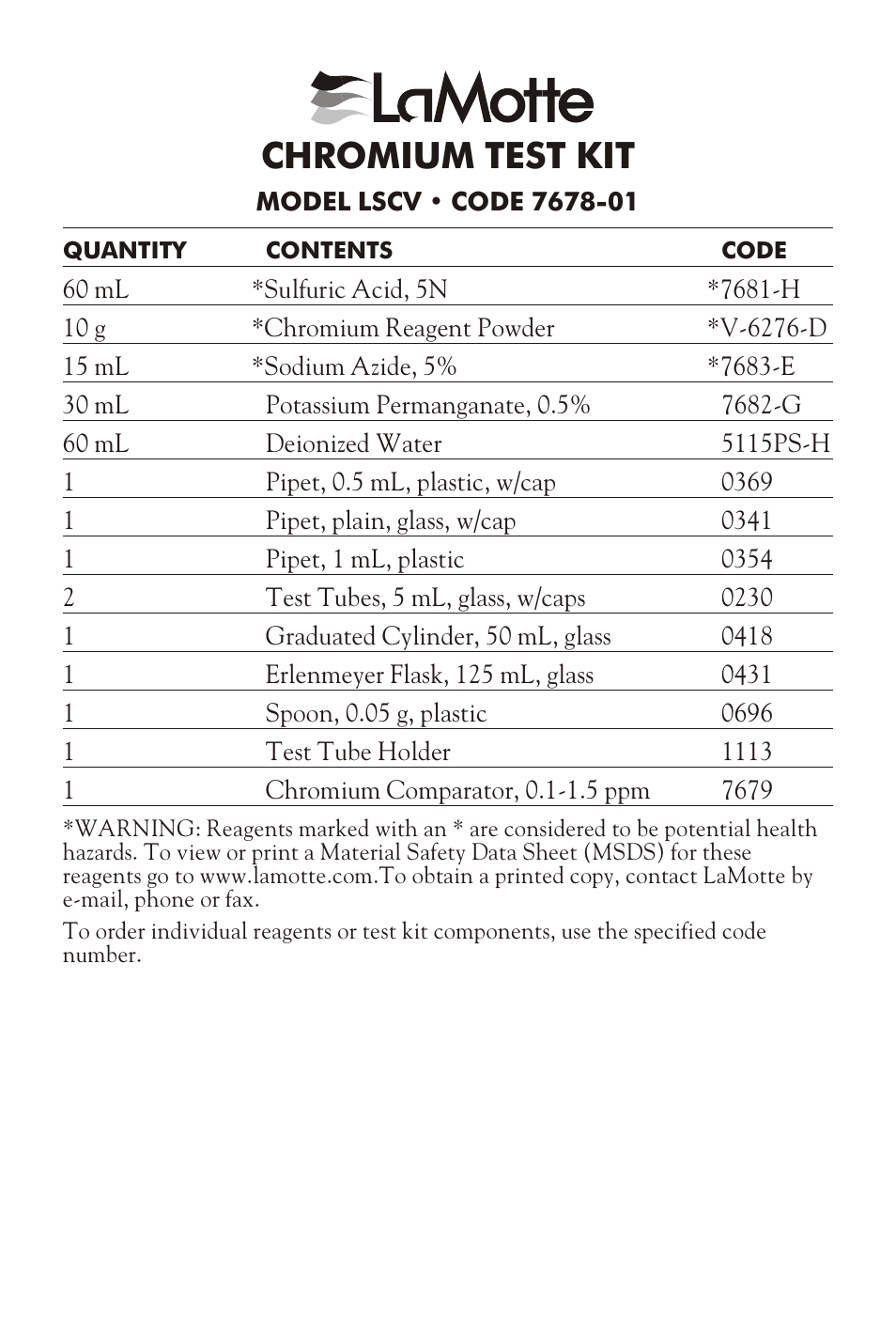 LaMotte CHROMIUM TEST KIT LSCV User Manual | 4 pages