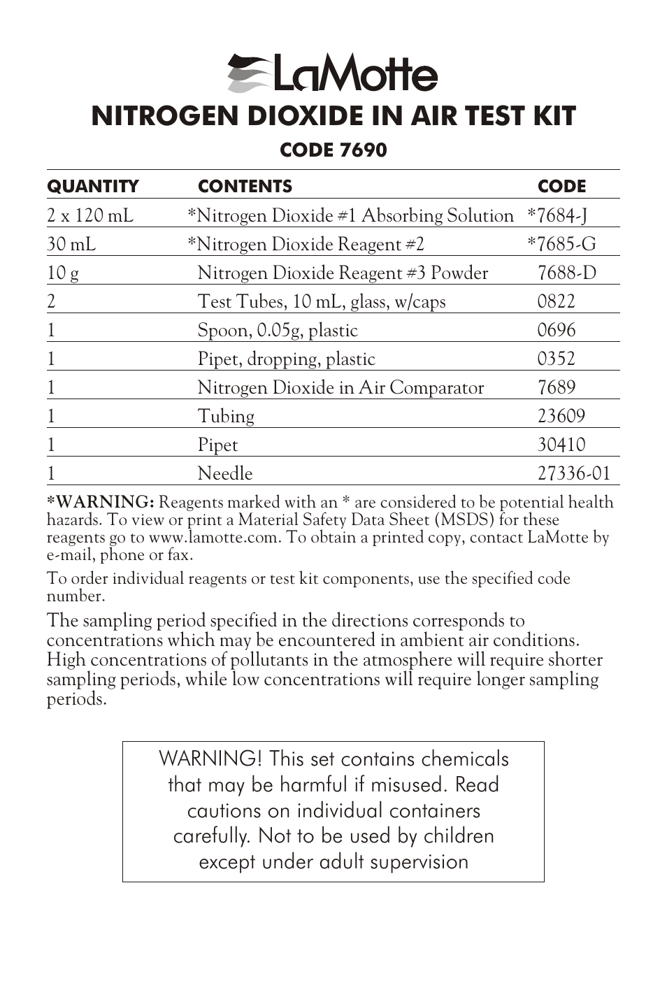 LaMotte NITROGEN DIOXIDE IN AIR TEST KIT User Manual | 4 pages