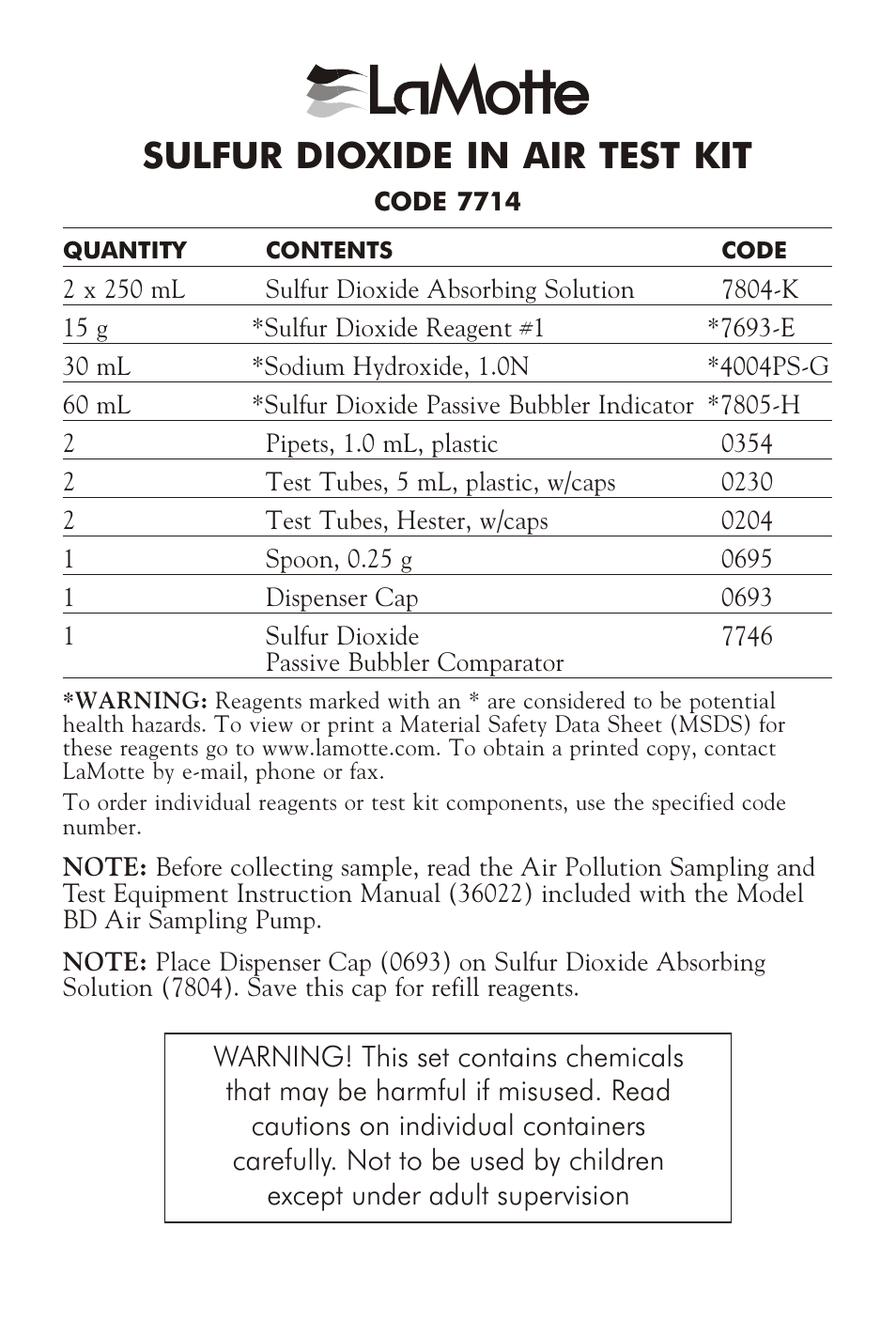 LaMotte SULFUR DIOXIDE IN AIR TEST KIT User Manual | 4 pages