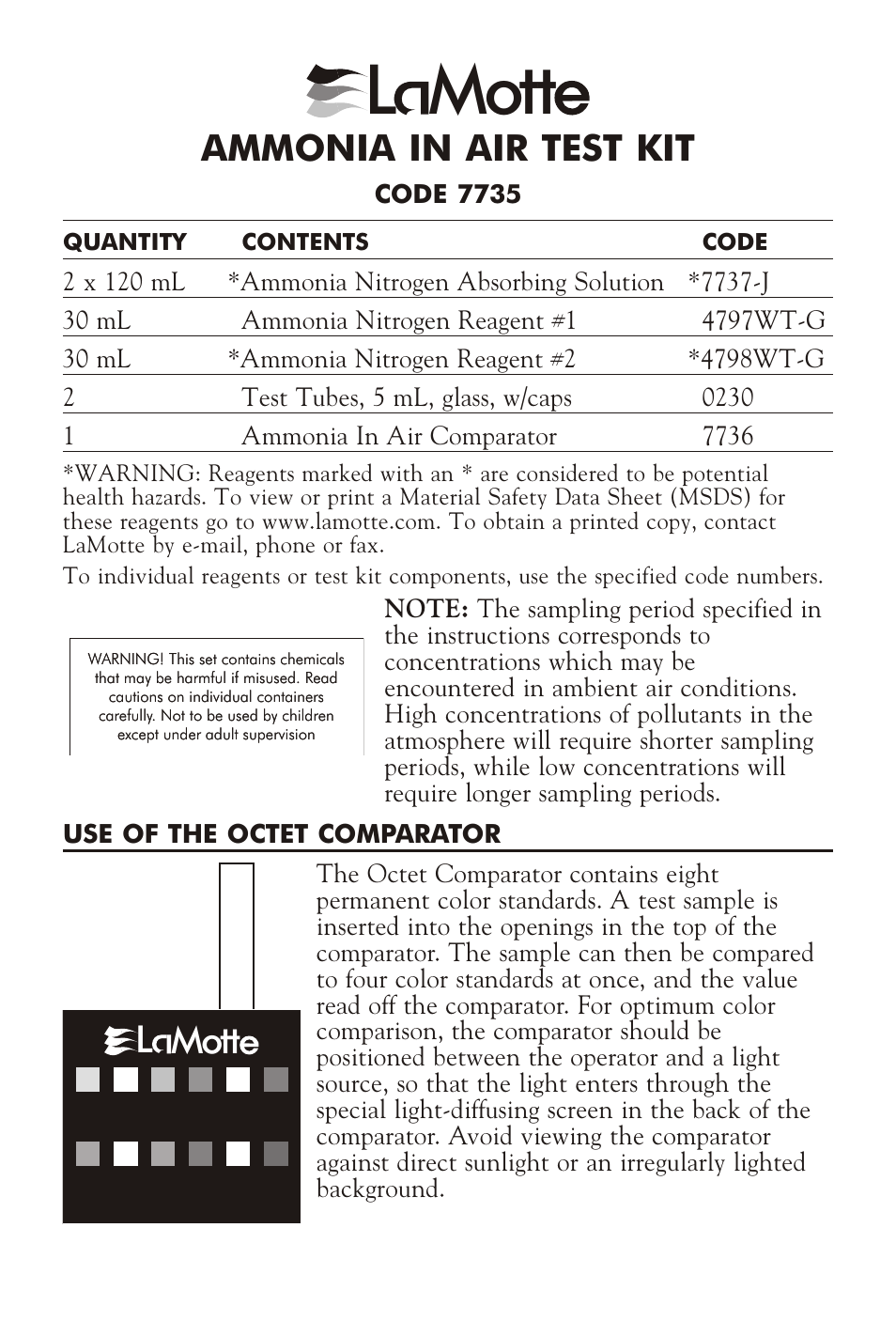 LaMotte AMMONIA IN AIR TEST KIT User Manual | 2 pages