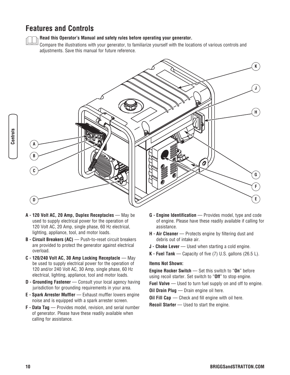 Features and controls | Briggs & Stratton 5550 Watt User Manual | Page 10 / 48