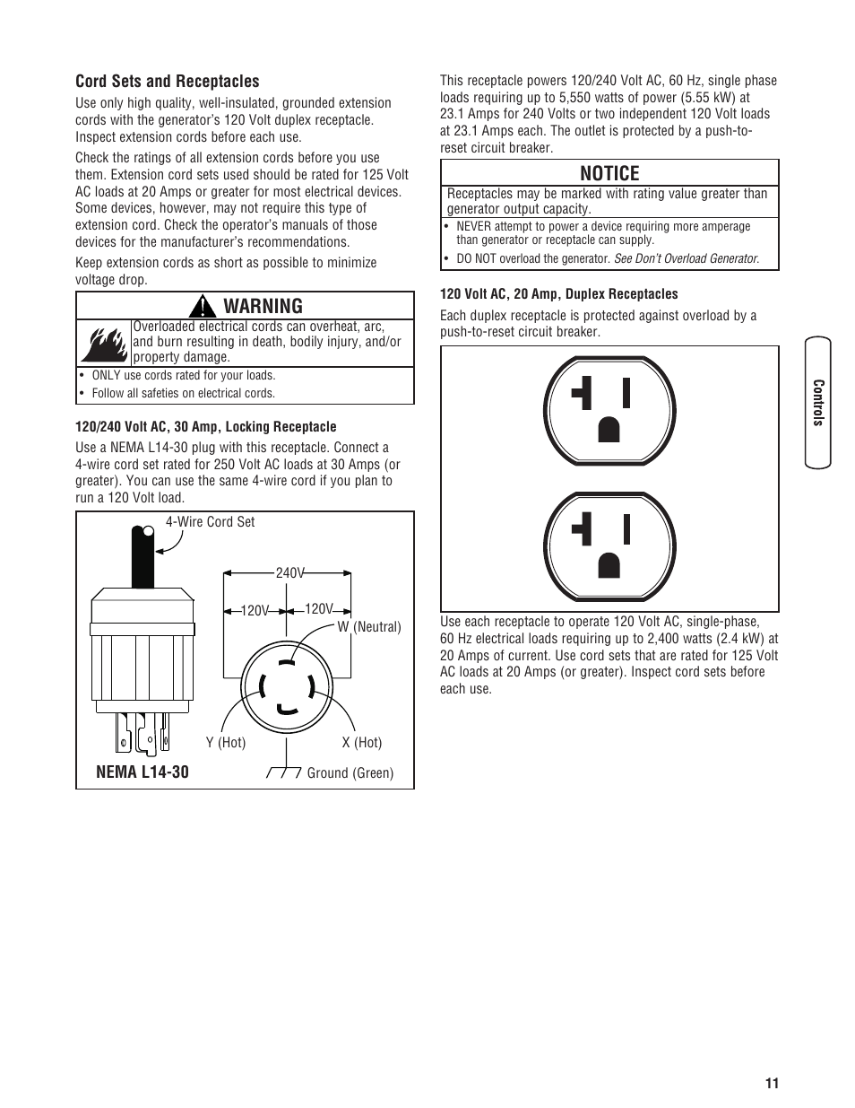 Cord sets and receptacles, Warning, Notice | Briggs & Stratton 5550 Watt User Manual | Page 11 / 48