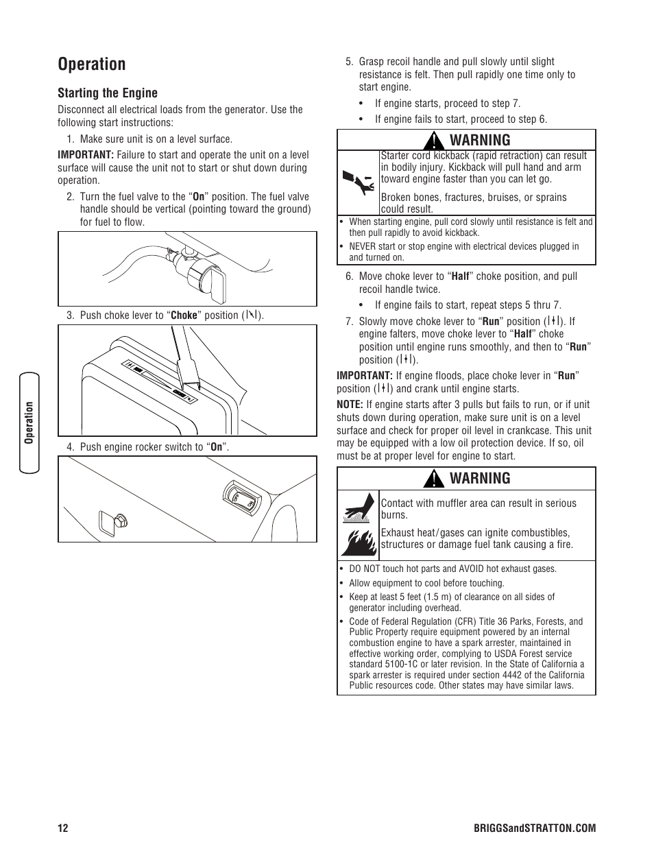 Operation, Starting the engine, Warning | Briggs & Stratton 5550 Watt User Manual | Page 12 / 48