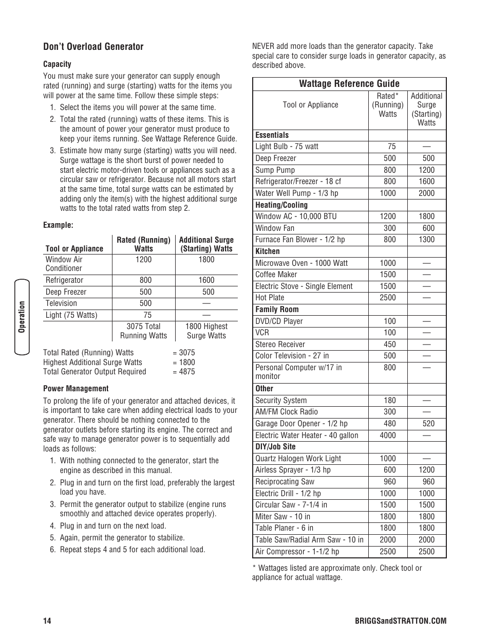 Don’t overload generator | Briggs & Stratton 5550 Watt User Manual | Page 14 / 48