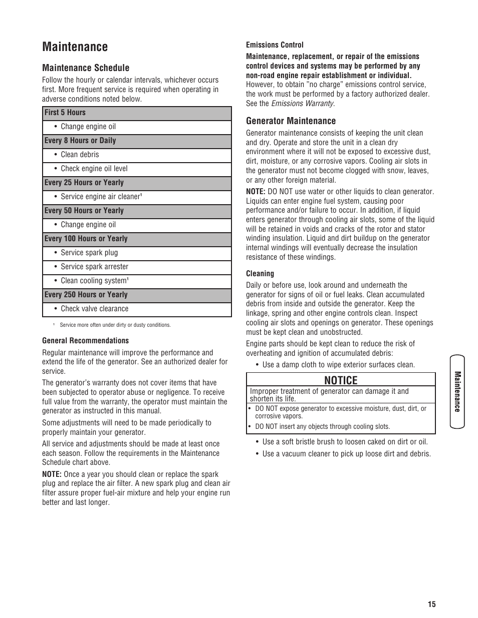 Maintenance, Maintenance schedule generator maintenance, Notice | Briggs & Stratton 5550 Watt User Manual | Page 15 / 48