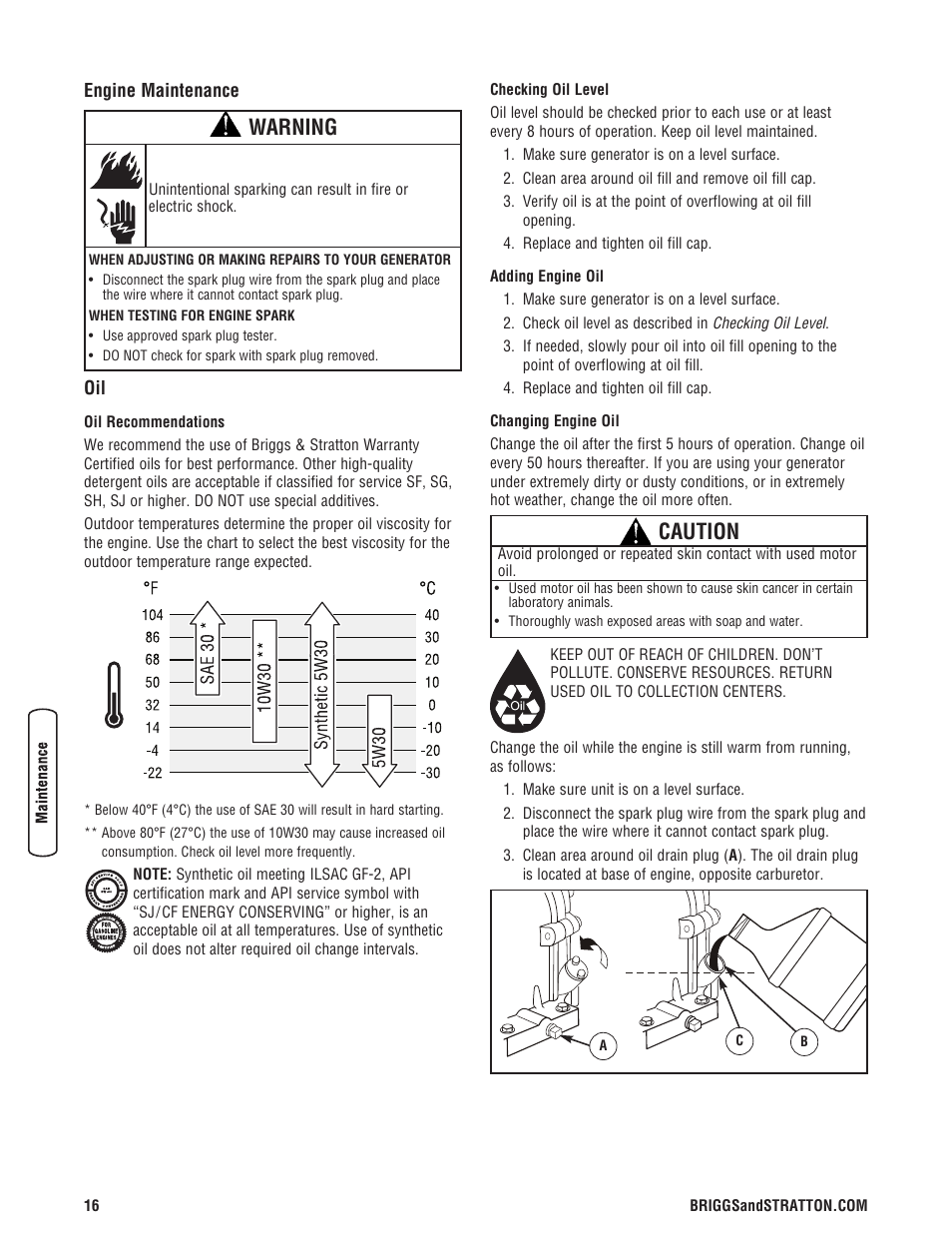 Engine maintenance, Warning, Caution | Briggs & Stratton 5550 Watt User Manual | Page 16 / 48