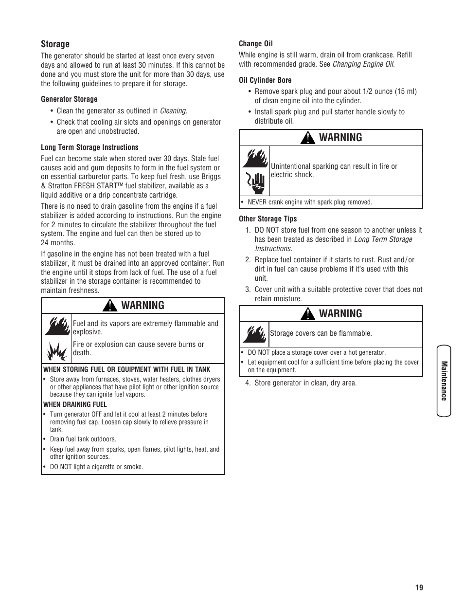 Storage, Warning | Briggs & Stratton 5550 Watt User Manual | Page 19 / 48