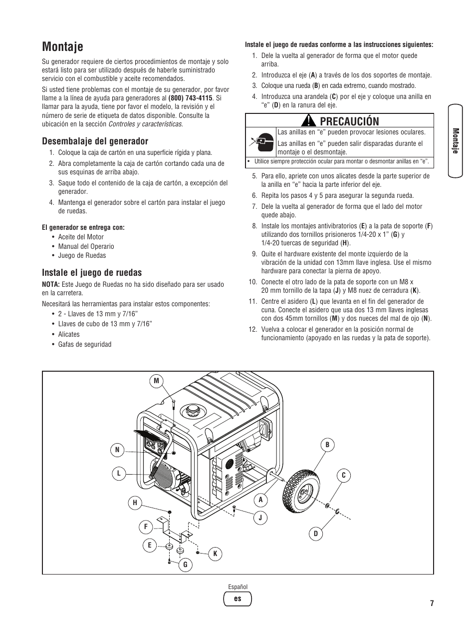 Montaje, Precaución, Desembalaje del generador | Instale el juego de ruedas | Briggs & Stratton 5550 Watt User Manual | Page 31 / 48