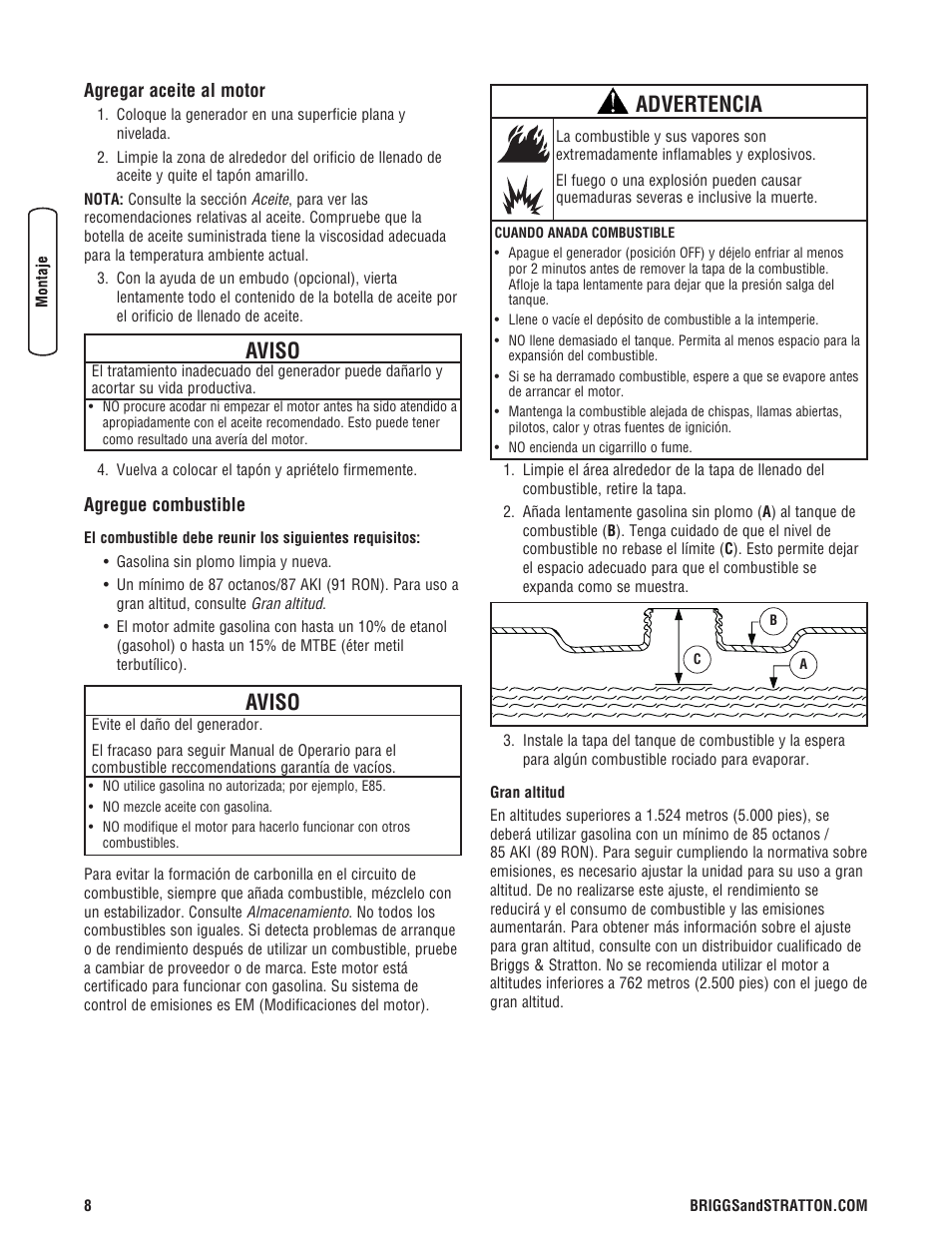 Aviso, Advertencia | Briggs & Stratton 5550 Watt User Manual | Page 32 / 48