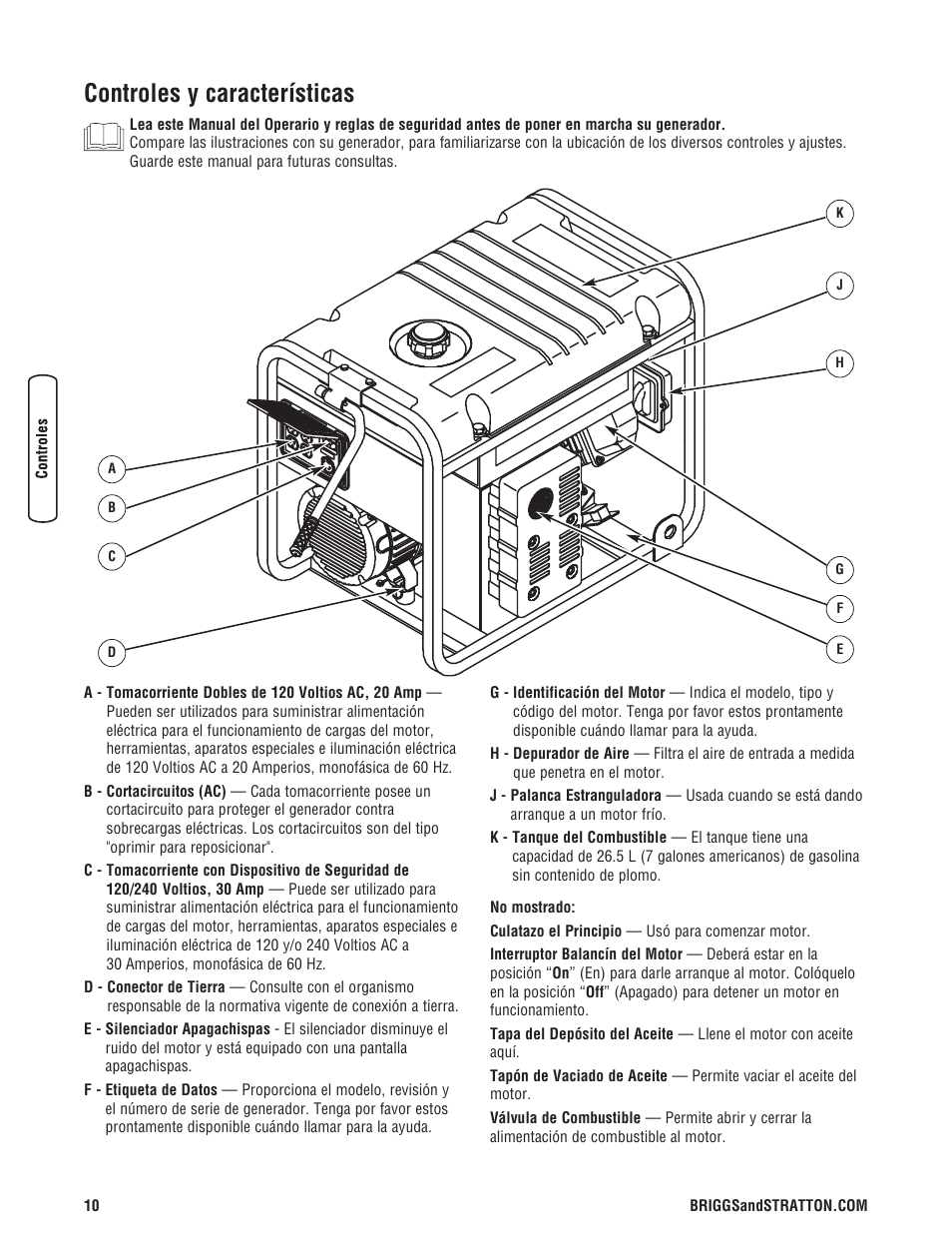 Controles y características | Briggs & Stratton 5550 Watt User Manual | Page 34 / 48