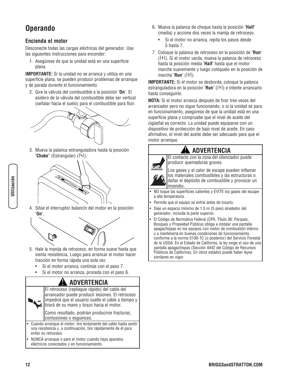 Operando, Advertencia | Briggs & Stratton 5550 Watt User Manual | Page 36 / 48