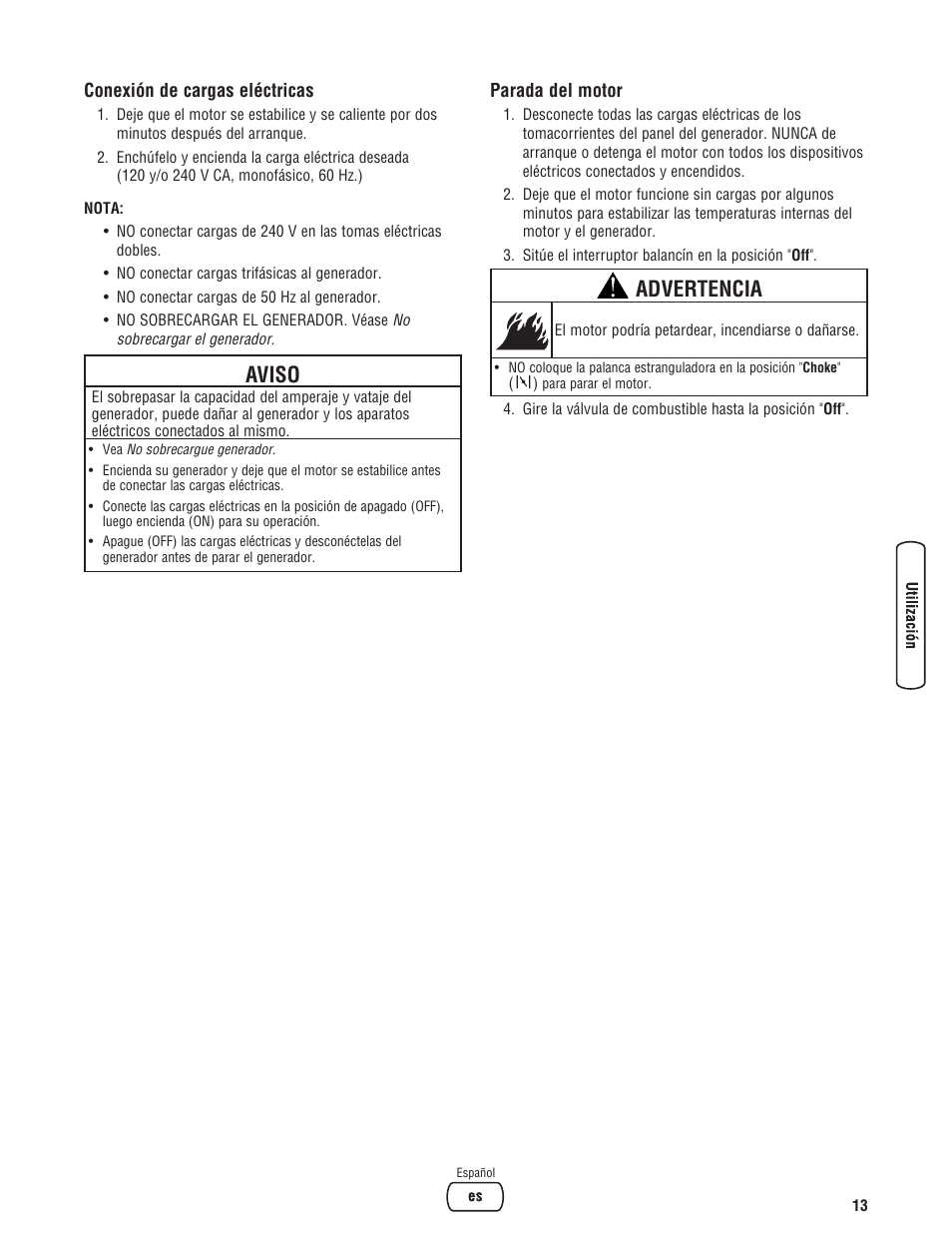 Aviso, Advertencia | Briggs & Stratton 5550 Watt User Manual | Page 37 / 48